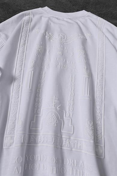 Erkek Beyaz Kabartma Baskı Oversize Tshirt