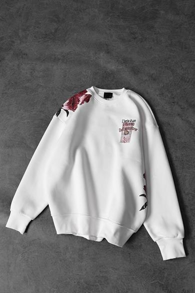 Erkek Beyaz Larte Patch Nakış Detay Oversize Sweatshirt