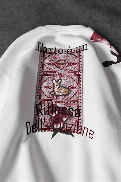 Erkek Beyaz Larte Patch Nakış Detay Oversize Sweatshirt