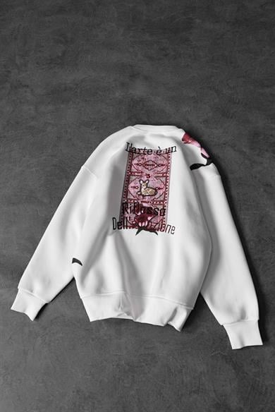 Erkek Beyaz Larte Patch Nakış Detay Oversize Sweatshirt