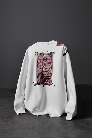 Erkek Beyaz Larte Patch Nakış Detay Oversize Sweatshirt