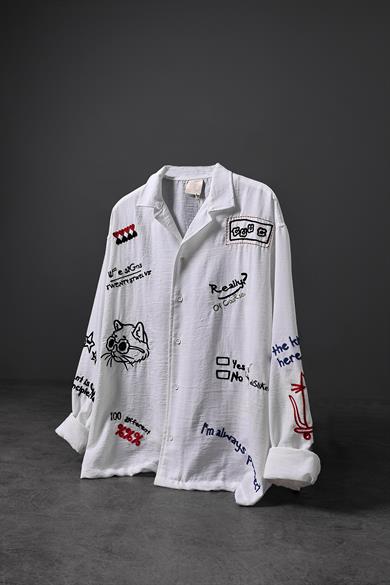 Erkek Beyaz Nakış Detay Oversize Uzun Kollu Gömlek