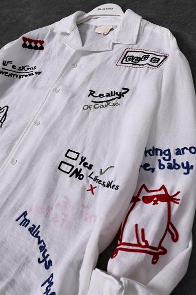 Erkek Beyaz Nakış Detay Oversize Uzun Kollu Gömlek