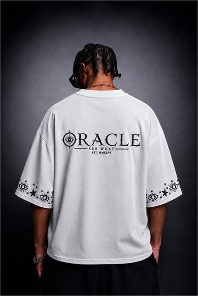 Erkek Beyaz Oracle Nakışlı Oversize Tshirt