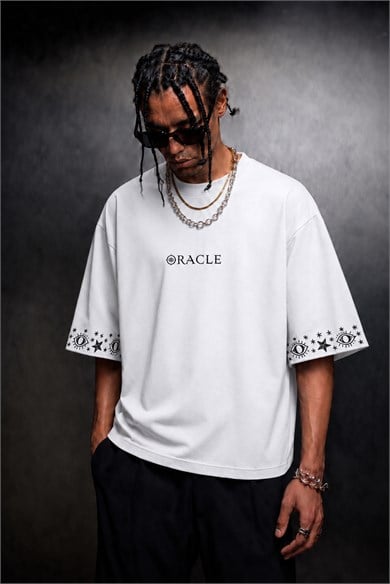 Erkek Beyaz Oracle Nakışlı Oversize Tshirt