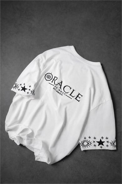 Erkek Beyaz Oracle Nakışlı Oversize Tshirt
