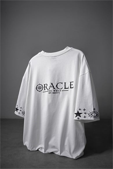 Erkek Beyaz Oracle Nakışlı Oversize Tshirt
