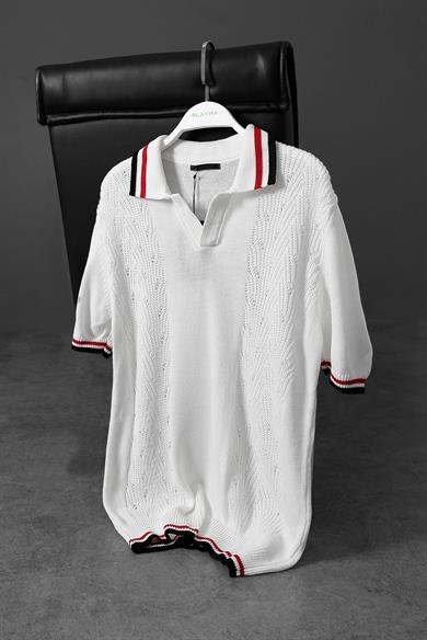 Erkek Beyaz Oversize Polo Yaka Örme Tshirt