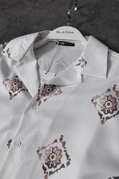 Erkek Beyaz Paisley Pattern Oversize Kısa Kollu Gömlek
