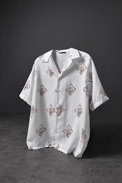 Erkek Beyaz Paisley Pattern Oversize Kısa Kollu Gömlek