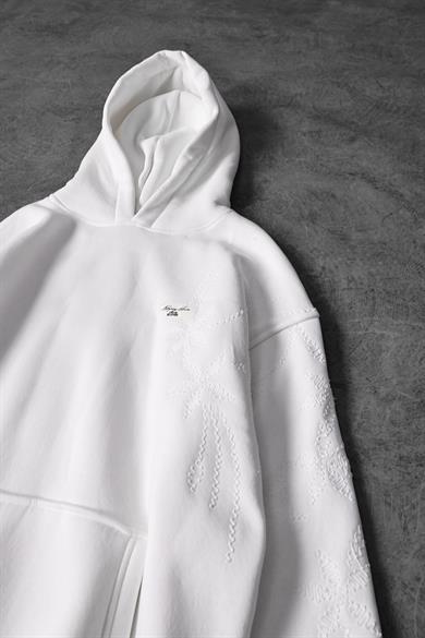 Erkek Beyaz Palm Nakışlı Oversize Kapüşonlu Sweatshirt