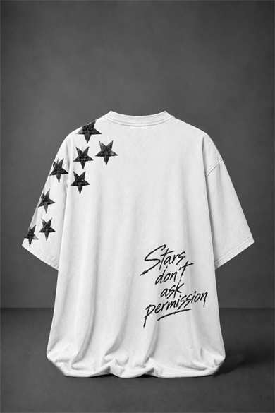 Erkek Beyaz Permission Aplike Nakışlı Oversize Tshirt