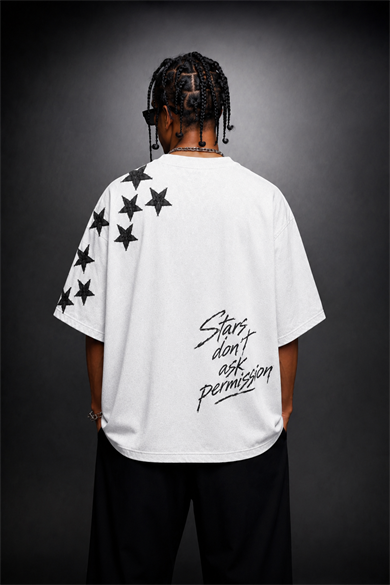 Erkek Beyaz Permission Aplike Nakışlı Oversize Tshirt