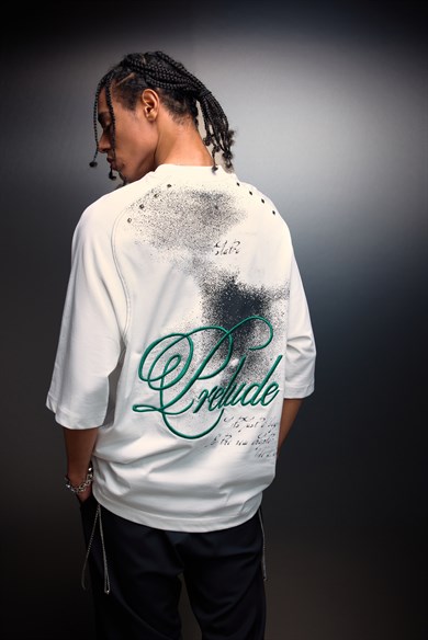 Erkek Beyaz Prelude Baskılı Oversize Tshirt