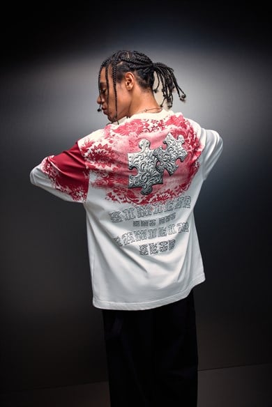 Erkek Beyaz Puzzle Kabartma Baskılı Oversize Tshirt