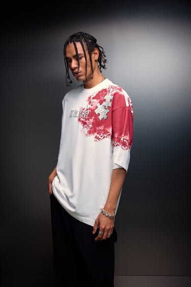 Erkek Beyaz Puzzle Kabartma Baskılı Oversize Tshirt