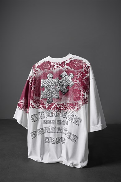 Erkek Beyaz Puzzle Kabartma Baskılı Oversize Tshirt