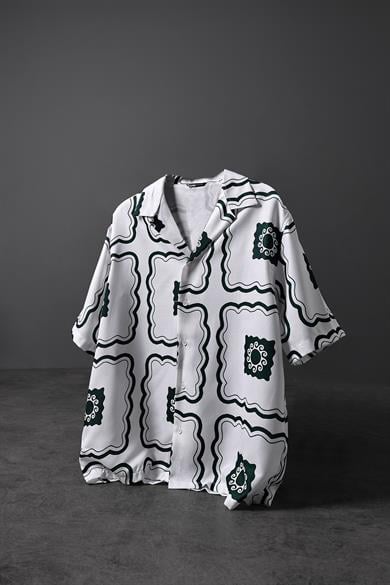 Erkek Beyaz Rectangle Pattern Oversize Kısa Kollu Gömlek