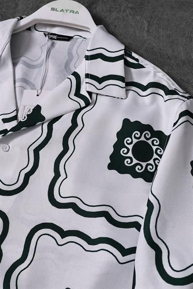 Erkek Beyaz Rectangle Pattern Oversize Kısa Kollu Gömlek