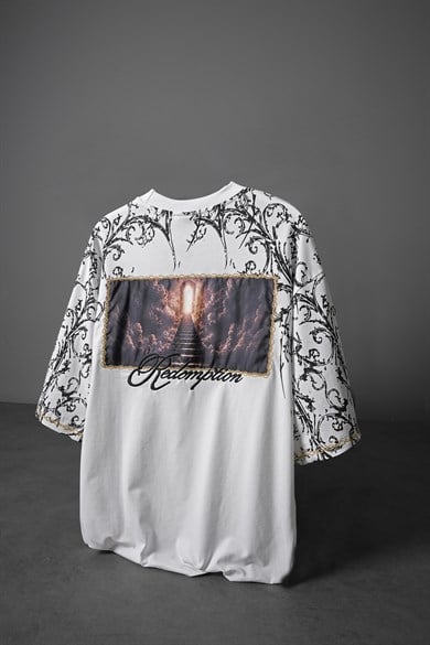 Erkek Beyaz Redemption Patchli Baskılı Oversize Tshirt