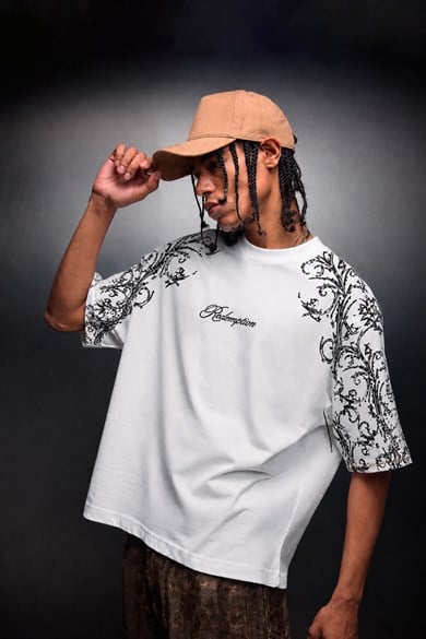 Erkek Beyaz Redemption Patchli Baskılı Oversize Tshirt