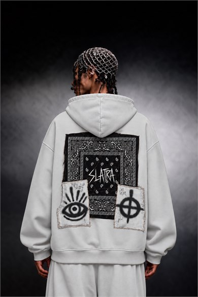 Erkek Beyaz Relic Patch Detay Oversize Hoodie