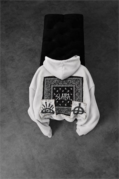 Erkek Beyaz Relic Patch Detay Oversize Hoodie
