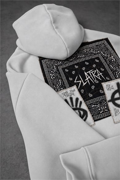 Erkek Beyaz Relic Patch Detay Oversize Hoodie