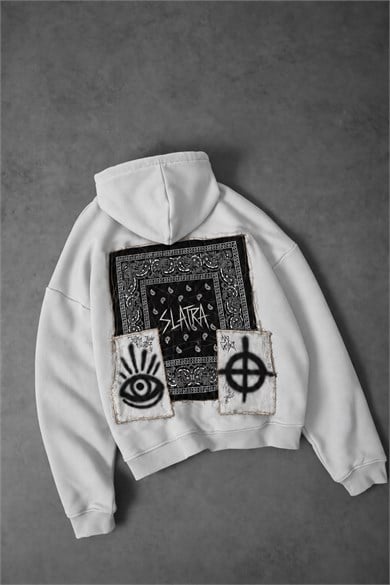 Erkek Beyaz Relic Patch Detay Oversize Hoodie