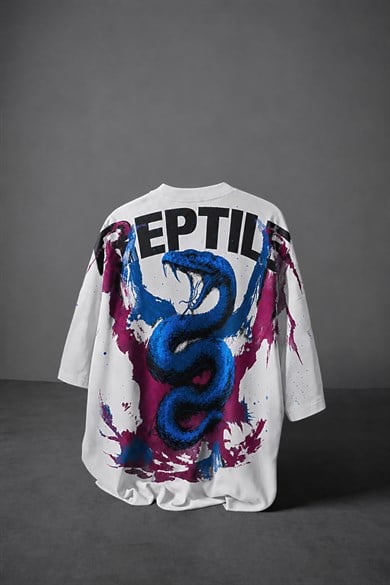 Erkek Beyaz Reptile Baskılı Oversize Tshirt
