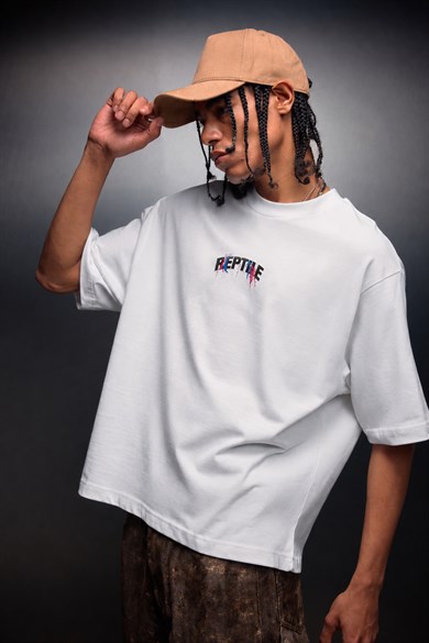 Erkek Beyaz Reptile Baskılı Oversize Tshirt