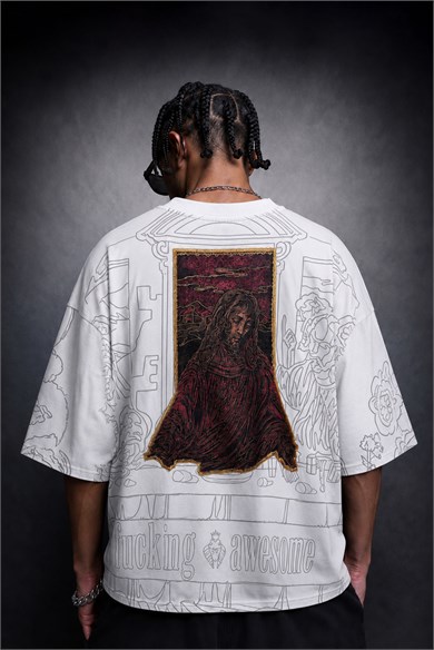 Erkek Beyaz Sanctum Kadife Patch Oversize Tshirt