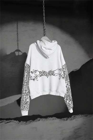 Erkek Beyaz Savage Nakışlı Oversize Hoodie