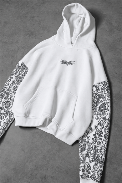 Erkek Beyaz Savage Nakışlı Oversize Hoodie