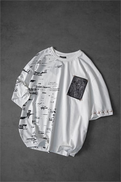 Erkek Beyaz Semantic Decay Baskı Oversize Tshirt