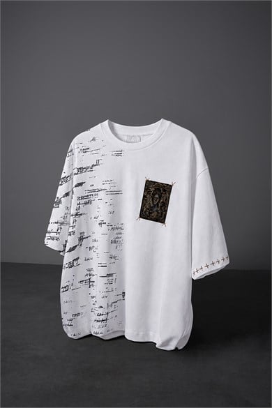 Erkek Beyaz Semantic Decay Baskı Oversize Tshirt