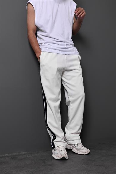 Erkek Beyaz Şeritli Baggy Kalıp Eşofman