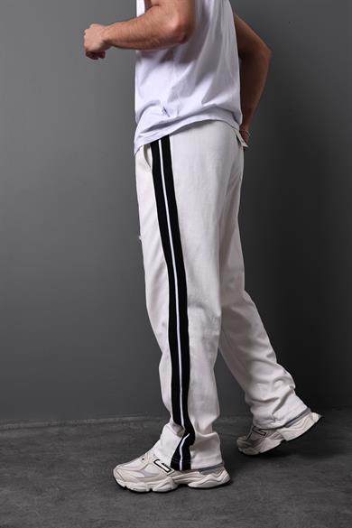 Erkek Beyaz Şeritli Baggy Kalıp Eşofman