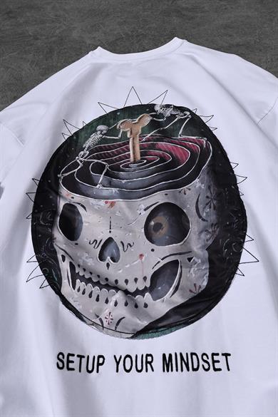Erkek Beyaz Setup Your Mindset Baskılı Oversize Tshirt