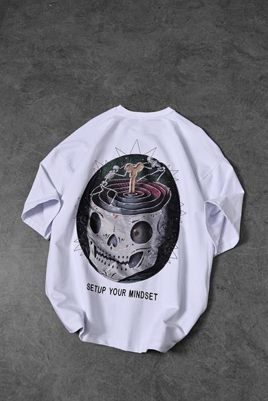 Erkek Beyaz Setup Your Mindset Baskılı Oversize Tshirt