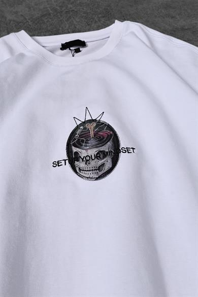 Erkek Beyaz Setup Your Mindset Baskılı Oversize Tshirt