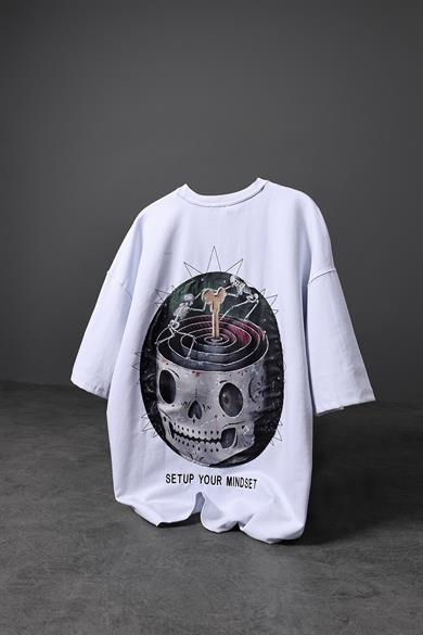 Erkek Beyaz Setup Your Mindset Baskılı Oversize Tshirt