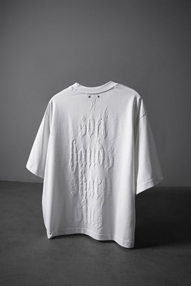 Erkek Beyaz Sharp Sin Kabartma Baskılı Box Fit Tshirt