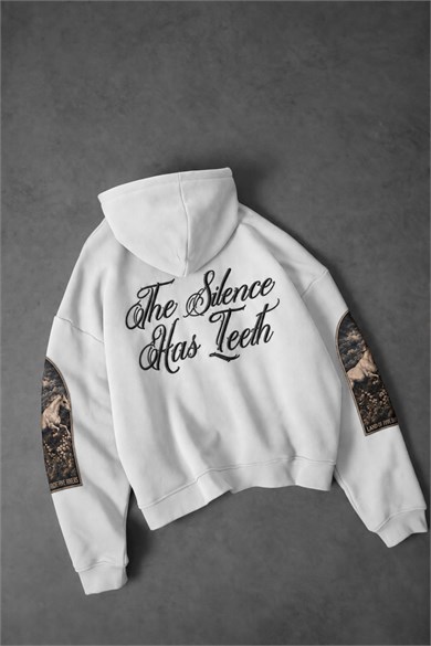 Erkek Beyaz Silence Patch Nakış Oversize Hoodie