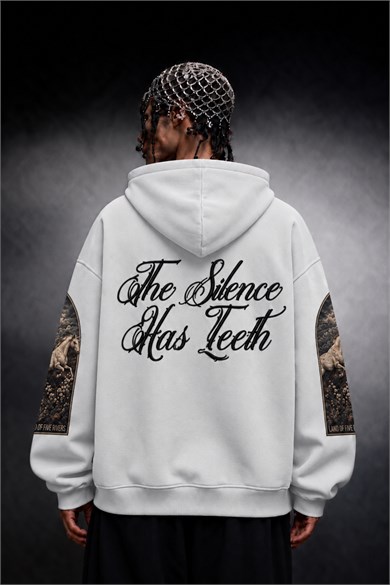 Erkek Beyaz Silence Patch Nakış Oversize Hoodie