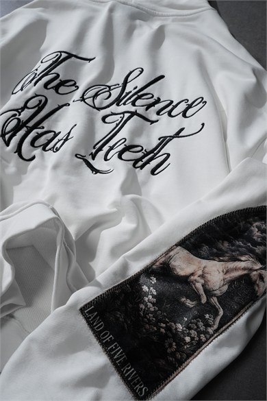 Erkek Beyaz Silence Patch Nakış Oversize Hoodie