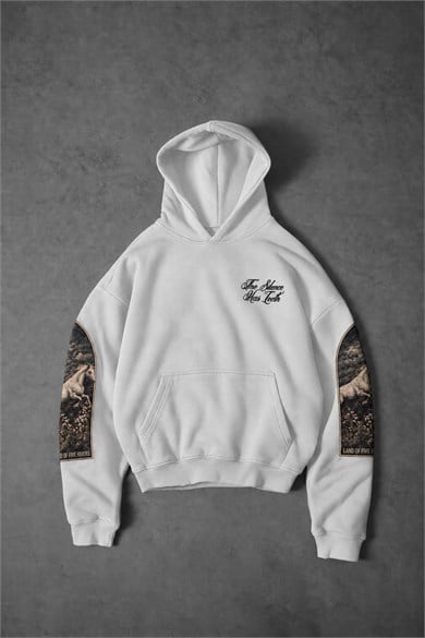 Erkek Beyaz Silence Patch Nakış Oversize Hoodie