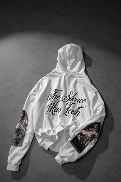 Erkek Beyaz Silence Patch Nakış Oversize Hoodie