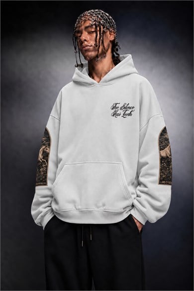 Erkek Beyaz Silence Patch Nakış Oversize Hoodie