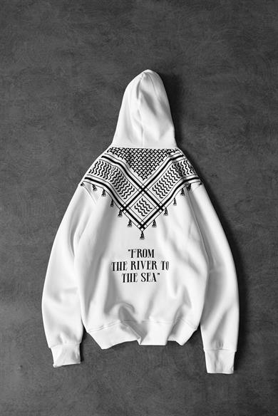 Erkek Beyaz Sırt Şal Desen Oversize Kapüşonlu Sweatshirt